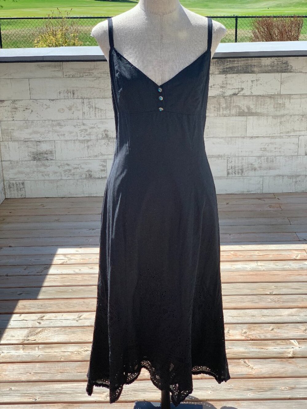Ralph Lauren Midi Dress 12 Black Cotton Eyelet Lace Spaghetti Straps Sundress